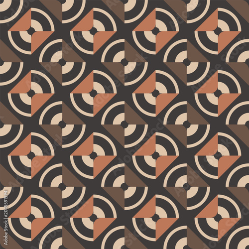 Geometric Retro Seamless Repeating Pattern Design with Concentric Arcs and Square Motifs in Earthy Tones