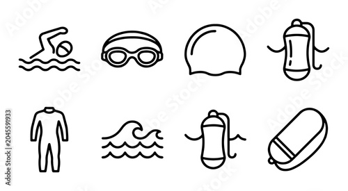 Cuadro en lienzo Swimming Icons Set: Aquatic Sports Gear, Athlete, Waves, Lifeguard Buoy