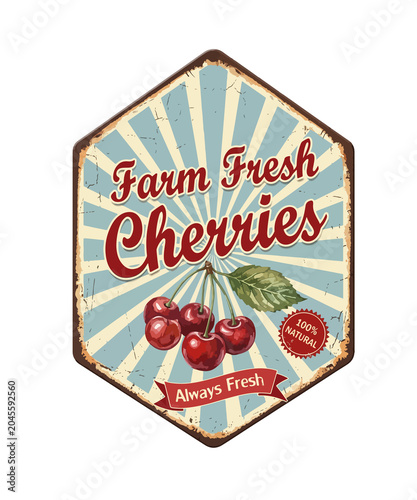 Vintage Farm Fresh Cherries metal sign, retro fruit market tin plate illustration, rustic cherry orchard advertising poster with distressed texture