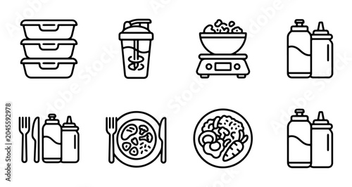 Meal Prep Containers, Shaker Bottle, Food Scale Icons: Healthy Eating Vector Set