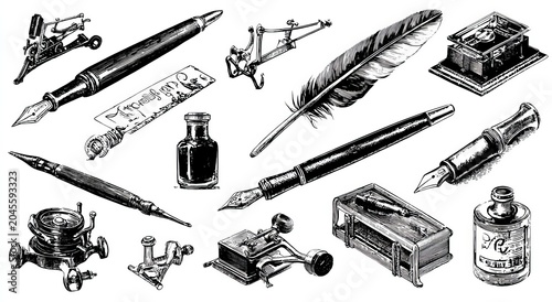 Vintage Writing Tools and Inkwells - A Detailed Engraving.