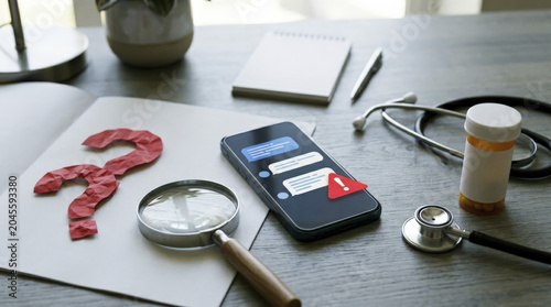 AI health advice on phone with question mark, magnifying glass, and medical tools.