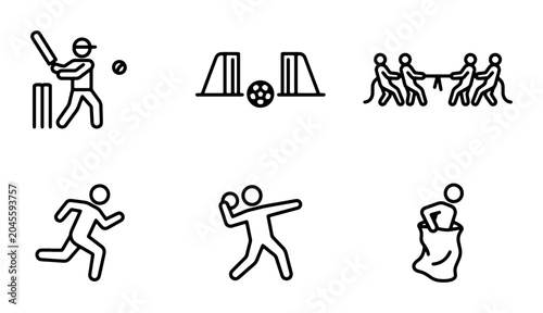 Outdoor Sports Icons: Cricket, Sack Race, Tug of War, Running, Ball Throw