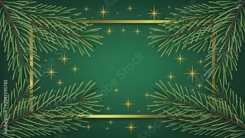 Elegant Christmas Background with Pine Branches and Golden Frame, Festive Holiday Border Design with Sparkling Stars on Dark Green Backdrop, Perfect for Seasonal Greeting Cards and Invitations