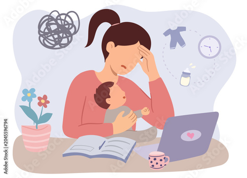 Flat illustration of an overwhelmed mother holding an infant while working on a laptop and studying notes. The image highlights parental responsibilities, fatigue, multitasking, time pressure, and bal
