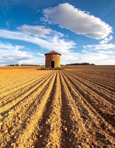 A stone tower stands in a vast, freshly plowed field under a bright blue sky with fluffy clouds. Lines recede to the horizon