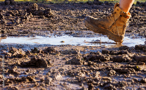 Bild auf Leinwand Muddy work boot walking in puddle
