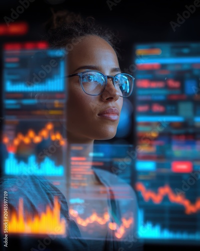 Digital Finance Analyst: A focused woman with glasses examines complex financial data visualized on futuristic holographic screens, symbolizing technological advancement and economic insight.