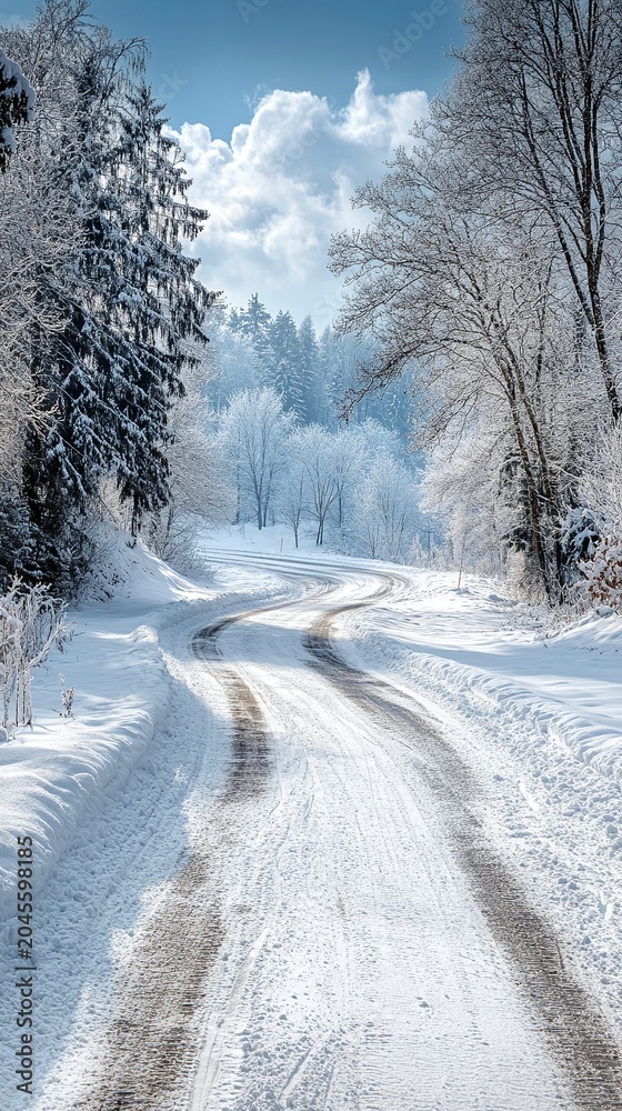 Obraz premium Winding Snowy Path Through a Frosty Winter Forest Landscape.