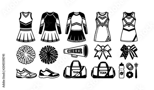 Quadro su tela Black and White Cheerleader Uniform Vector Set with Pom Poms Megaphone and Team