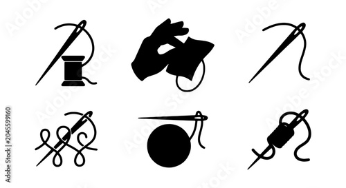 Fotografie Sewing Icons Set, Needle Thread Spool Graphics, Crafting & Tailoring Symbols