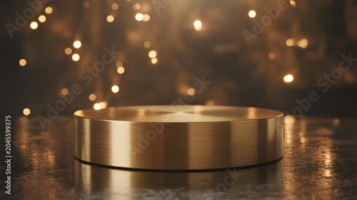Elegant Brushed Gold Cylinder Product Display Stand on Dark Reflective Surface with Warm Bokeh Lights Background for Luxury Cosmetic Skincare Jewelry Advertising Presentation Showcase Mockup