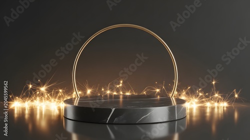 Elegant Black Marble Podium with Golden Ring Frame and Sparkling Festive Lights Background for Luxury Product Display Presentation, Minimalist Cosmetic Stand for Commercial Advertising and Branding