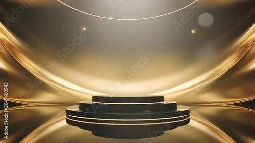 Luxury Black Marble Product Display Podium with Glowing Gold Accents and Elegant Fluid Metallic Background for Premium Brand Advertising, Cosmetic Showcase and High-End Minimalist Commercial Design