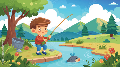 Young boy fishing with rod in river during sunny day with mountains and trees background