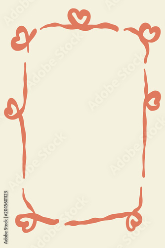 Whimsical frame template with hand drawn terracotta hearts and swirling lines. Flat cream beige background with romantic border elements for Valentine's Day greeting cards and wedding invitation
