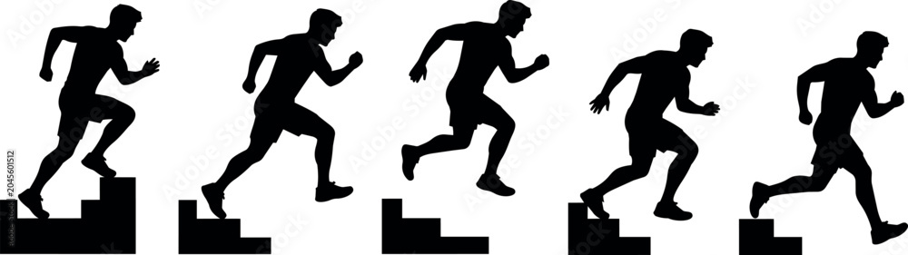 Obraz premium Man running up stairs silhouette sequence showing motion and progress