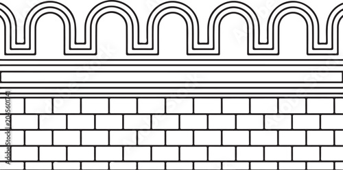 Decorative architectural border pattern with arched and brick wall texture in black and white desi