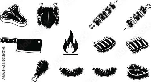 Schilderij op canvas BBQ & Meat Icon Set – Steak, Whole Chicken, Kebabs, Ribs, Sausages, Cleaver, Fir