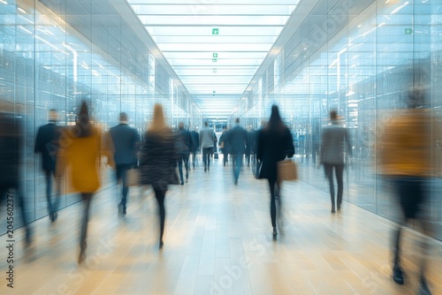 people moving in motion blur walking around an office space, with glass walls and wooden floors, a white ceiling with rectangular lights, Generative AI