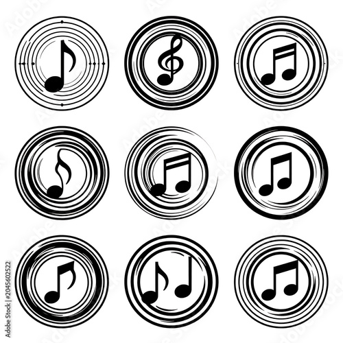 Musical note symbols arranged in circles vector illustration