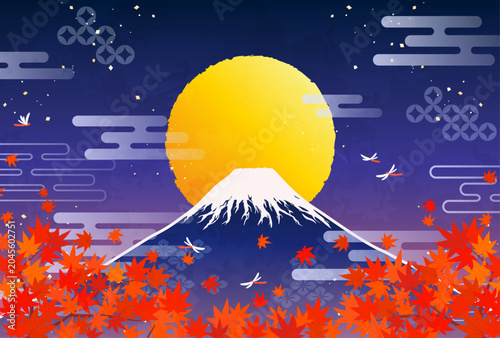 Tableau sur toile 紅葉と富士山と満月のイラスト3_横