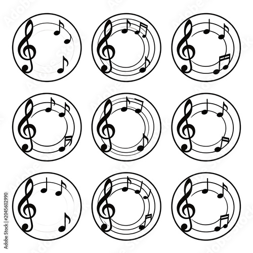Black silhouette treble clefs and musical notes in a circle