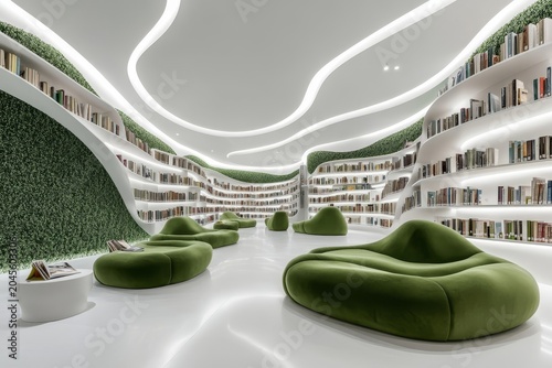 a modern library with white walls and green seating, offering an open space for reading or socializing The background is blank to be used as an advertising mockup, Generative AI