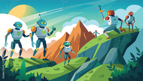 Robots exploring a green alien planet with mountains under a bright sun and sky