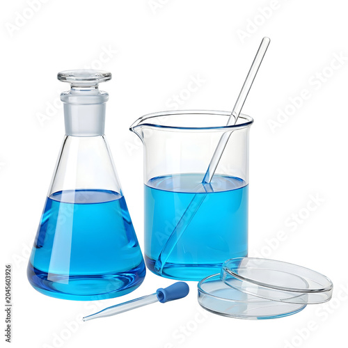 Erlenmeyer flask and beaker filled with blue liquid solution isolated