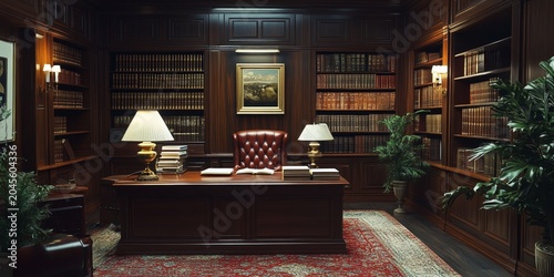 A classic law office with bookshelves, a leather chair at the desk, and vintage lamps, creating an atmosphere of tradition in the realm of desktop photography, Generative AI
