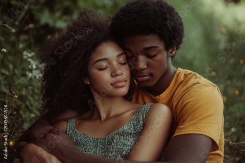 A young couple sits on the ground, embracing each other and enjoying their time together in a park during the summer, Generative AI