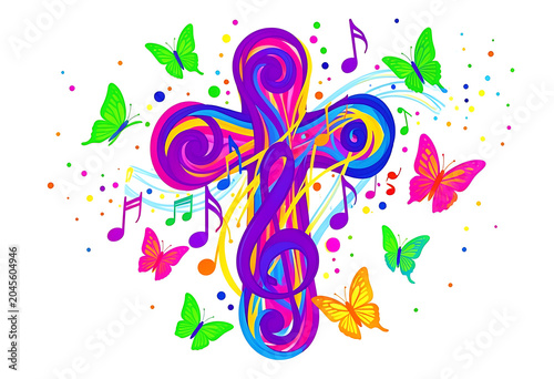Gospel music illustration with a decorated holy cross and butterflies