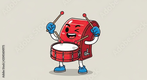 Cartoon marching snare drum character playing with sticks.