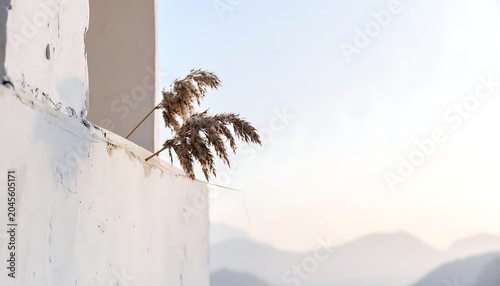 A serene landscape with a white building and mountain range
