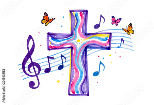 Easter celebration background with colorful cross, notes, and insects