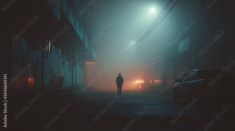 Fototapeta premium silhouette of man walking in foggy night