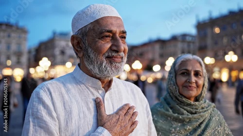 Elderly South Asian couple standing together in a public square during twilight, man smiling with hand on heart, woman gazing affectionately at him