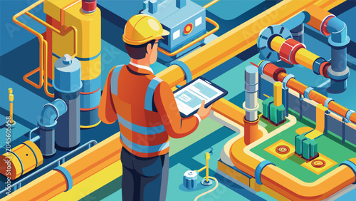 Industrial technician inspecting complex piping system with tablet during daytime with blue sky background