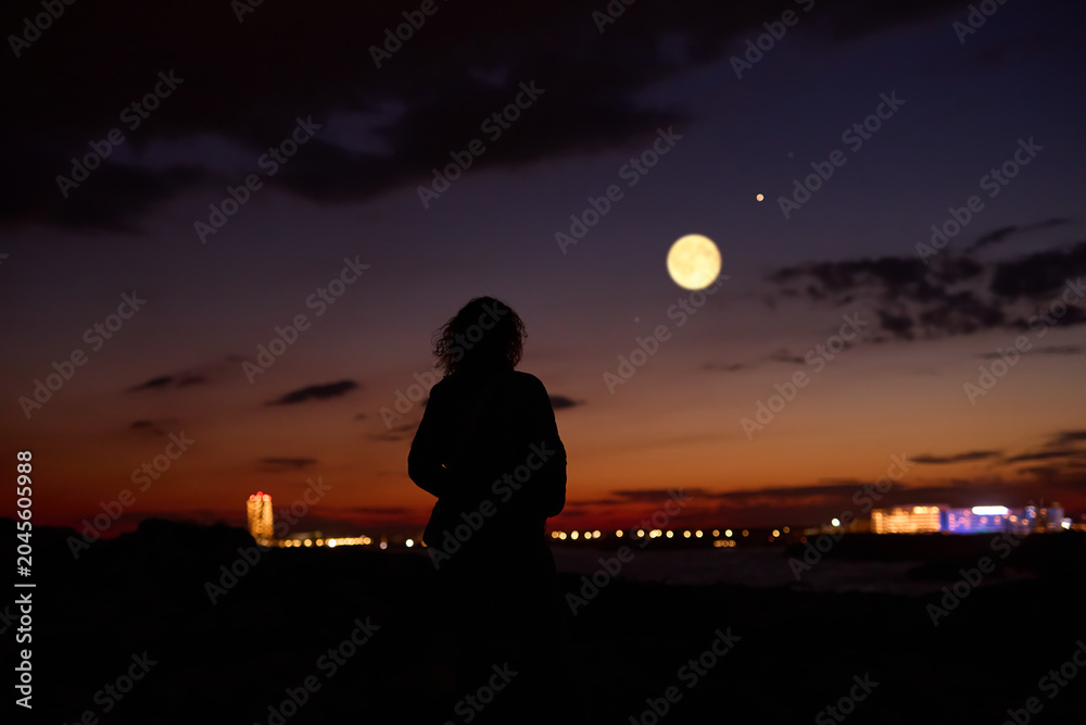 Obraz premium Woman observing stars, planets, Moon and other celestial objects.