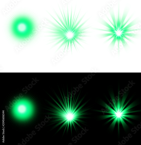 Photos Emerald green lens flare set on transparent and black background for design effects light burst collection shining glowing stars sparkle collection bright explosion sunbeam