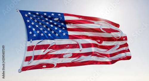 Tattered american flag waving in the wind against a bright blue sky, symbolizing resilience.