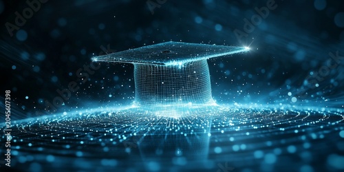Abstract digital art of an open graduation cap made from glowing lines and dots, floating above a network grid on a dark blue background, power to shape your future education, Generative AI