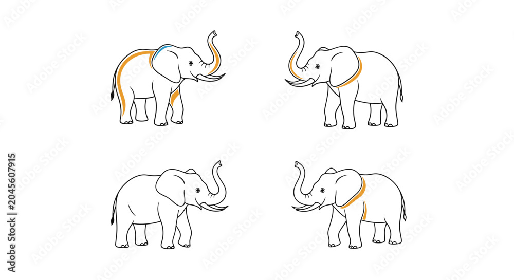 Obraz premium Four identical white elephant silhouettes with raised trunks and simple outlines featuring thin color accents on a white background.