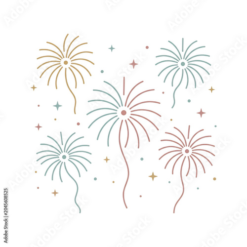 Stylized fireworks celebration with stars and dots, isolated on transparent background