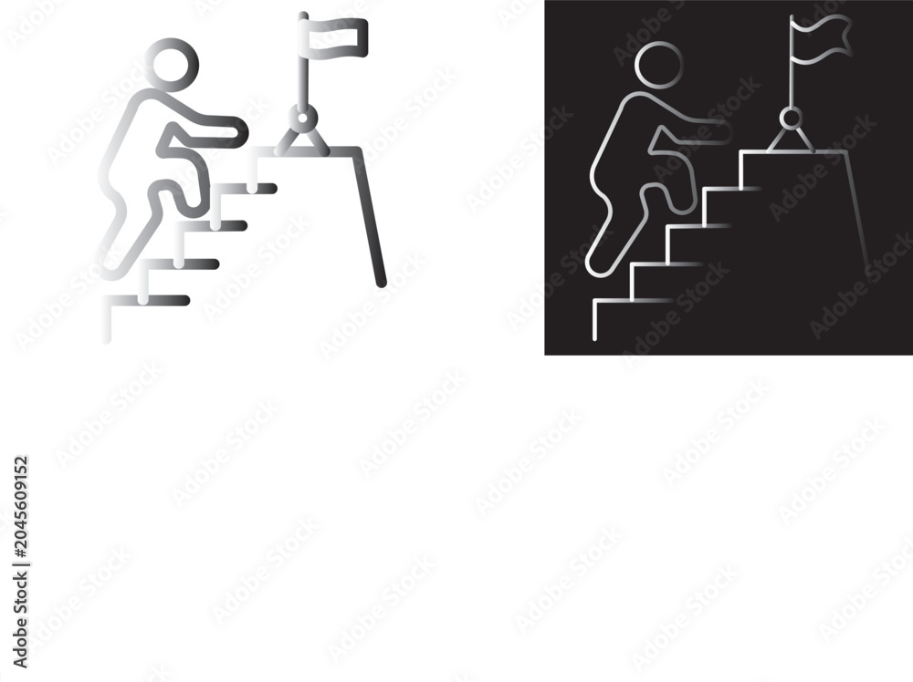Fototapeta premium Person climbing stairs with a flag icon set. Progress and career growth icon. symbolizing goal achievement,
