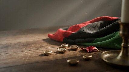 Juneteenth Tribute with Cowrie Shells and Pan-African Flag. Generative AI.