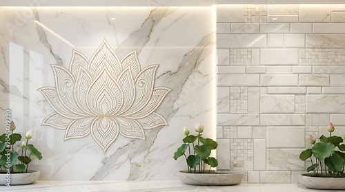 Elegant golden lotus flower wall art design displayed on a polished white marble surface 