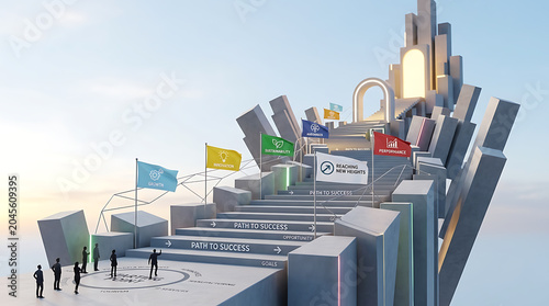 Business professionals standing at the starting point of a grand staircase leading toward a bright glowing portal symbolizing future growth and corporate development success goals
