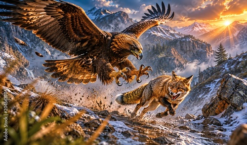 Golden Eagle Diving Toward Mountain Fox in Dramatic Alpine Sunrise Chase